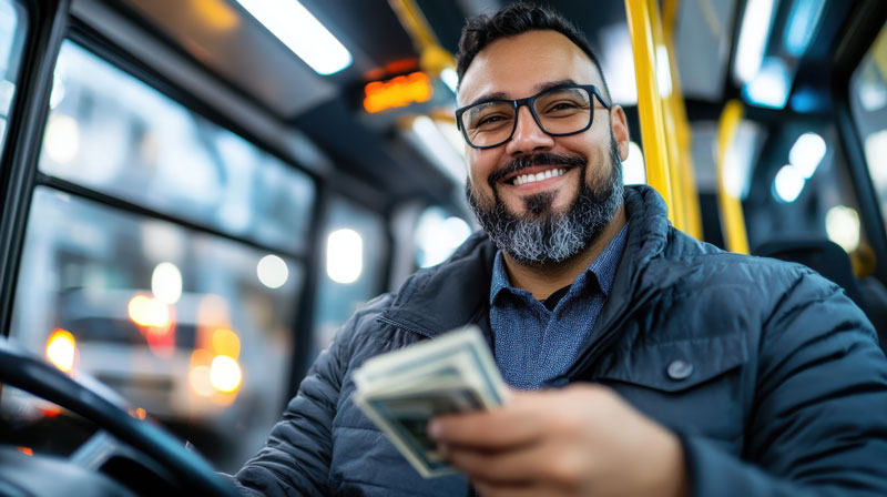 Happy bus driver receiving a performance bonus – digitalisation and telematics make efficient driving measurable and rewarding.