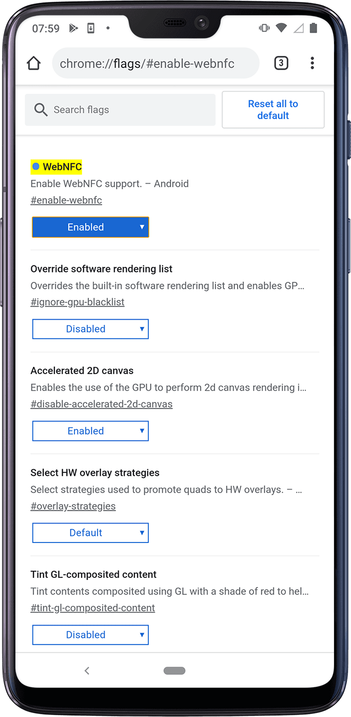 Activation of WebNFC in Chrome's flags section