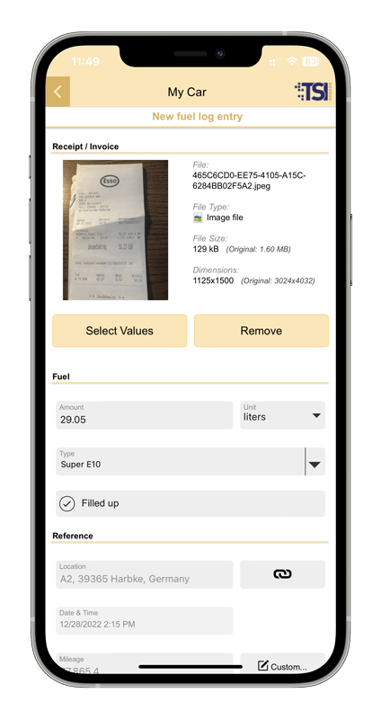 Copy fuel receipt directly to the fuel logbook