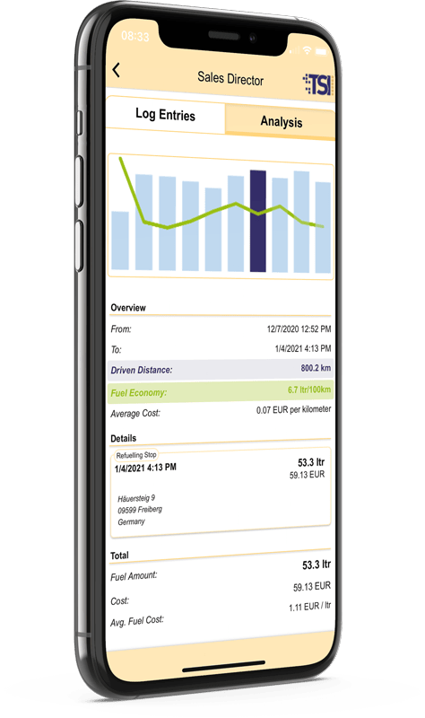 Update your fuel log conveniently with the TSI Connect smartphone app