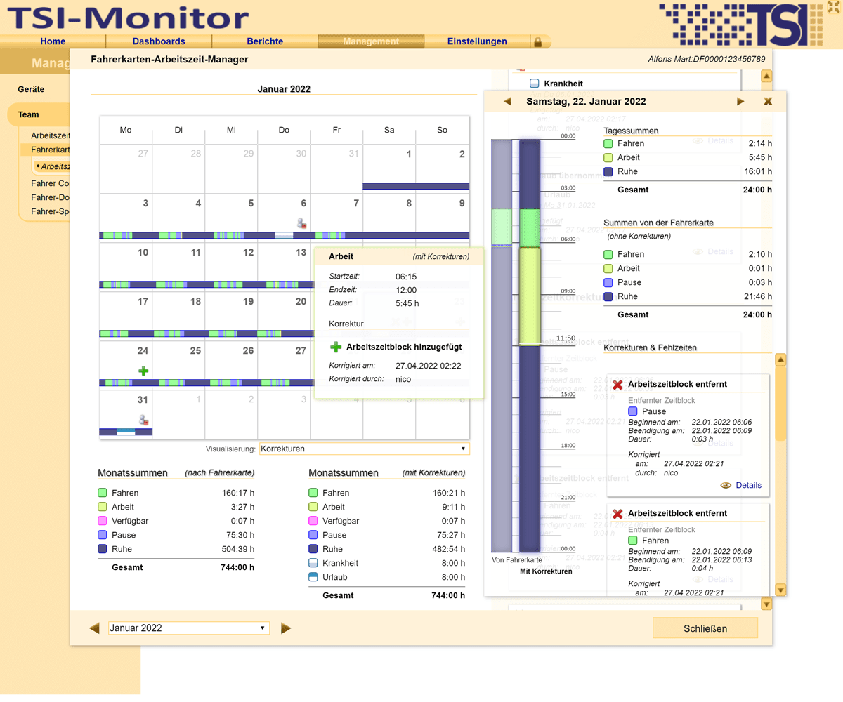 Der intelligente Arbeitszeit-Manager bietet eine einfache und übersichtliche Visualisierung der gesamten Daten und ermöglicht eine zentrale Verwaltung für alle Fahrer.