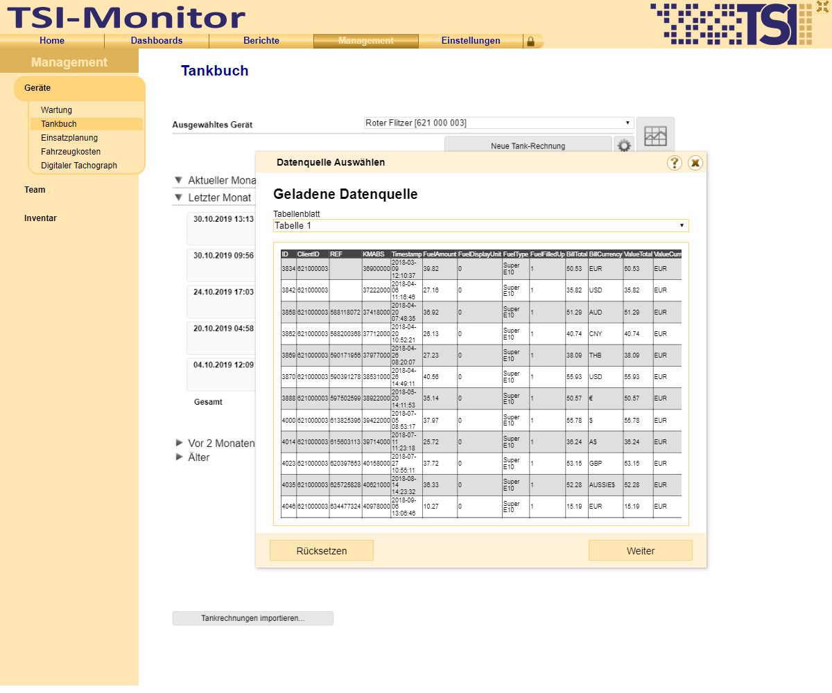 Tankdaten-Import aus beliebigen Datenquellen wie Excel, CSV-Dateien und vielen mehr.