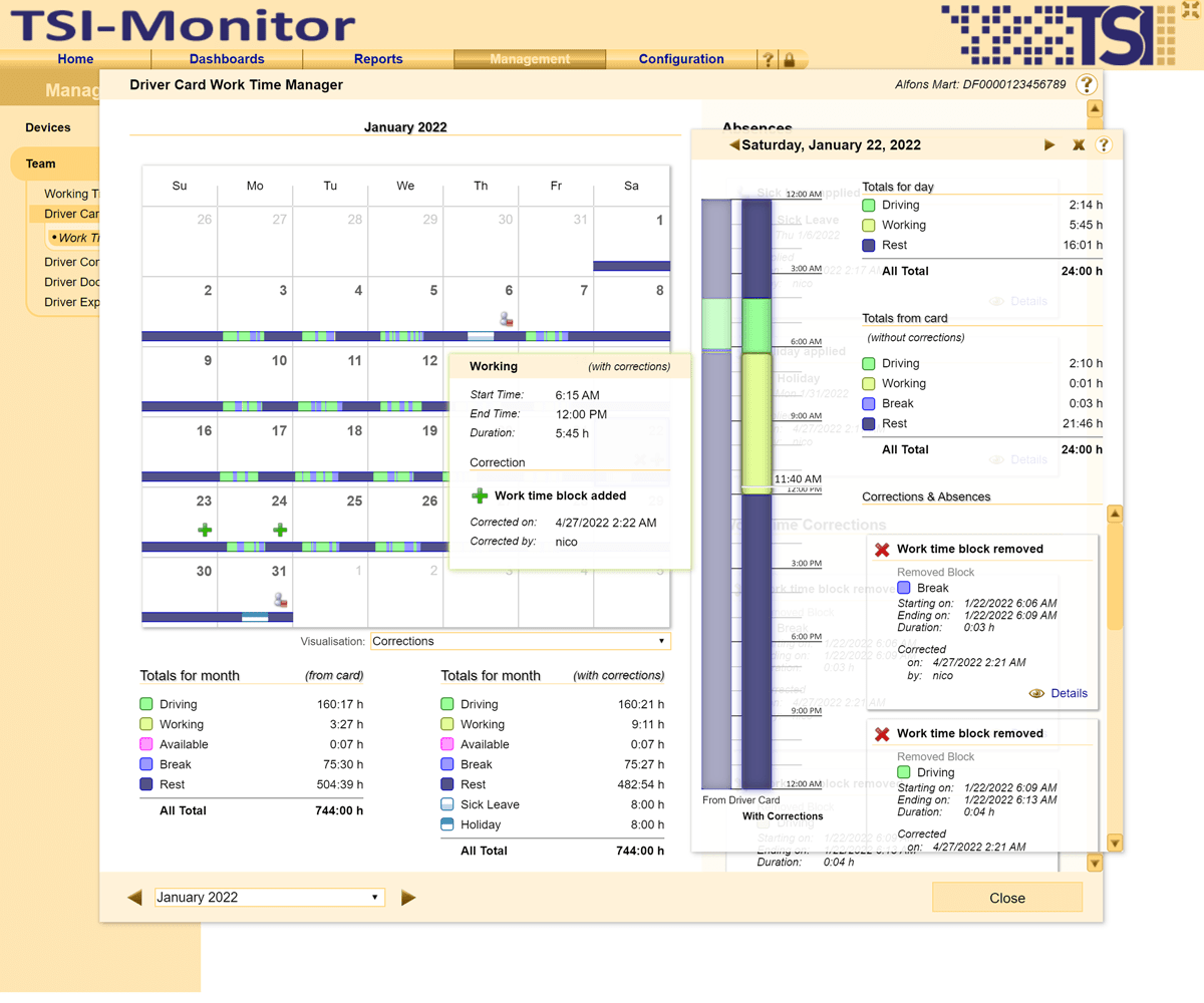 Easily break down and correct working time periods in detail